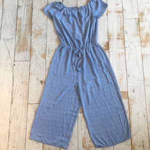 En creme blue striped jumpsuit